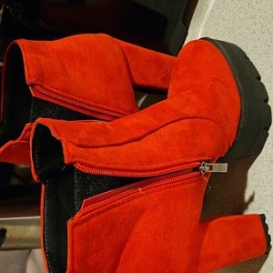 Red faux suede chunky heel